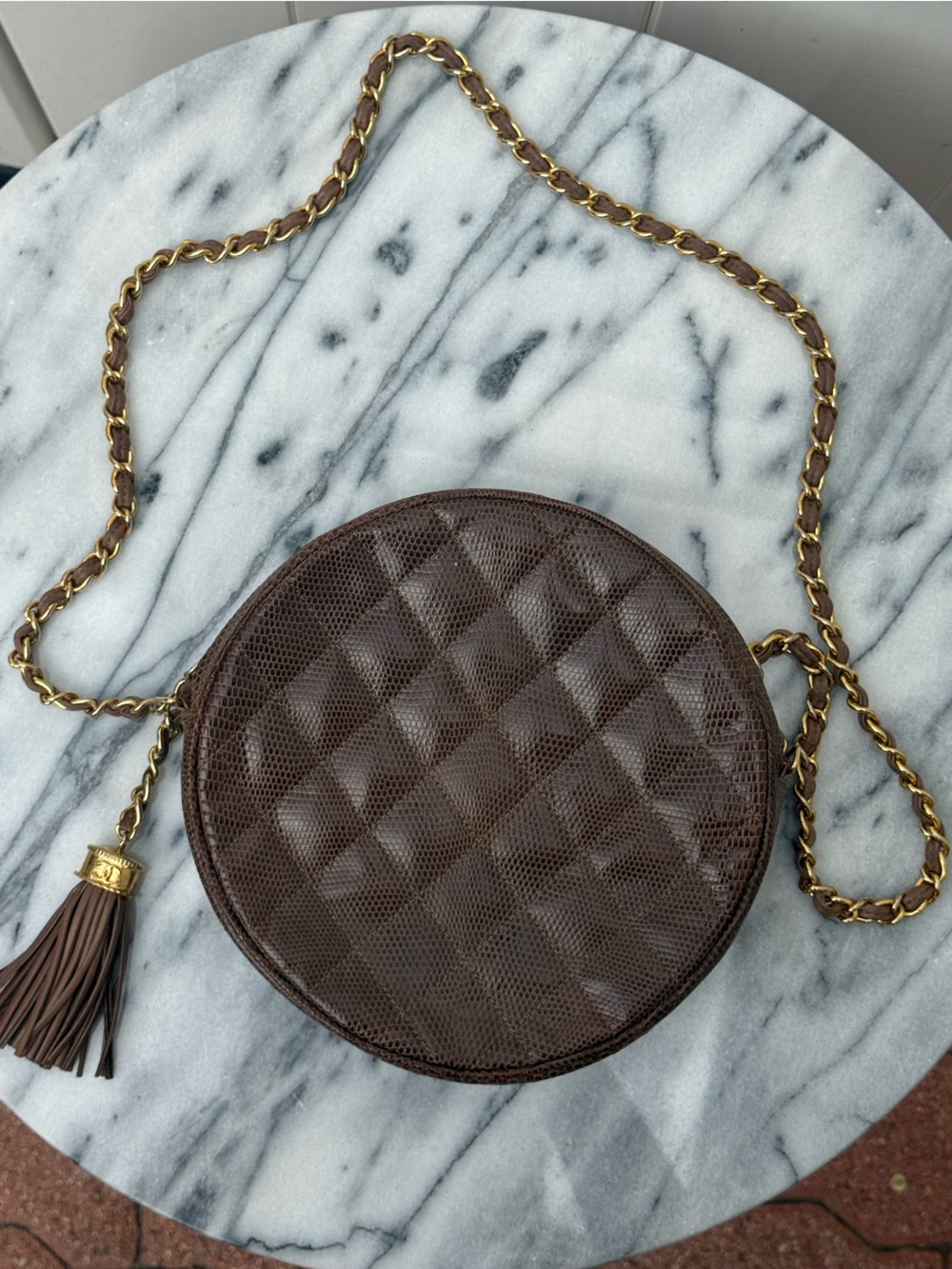 Vintage Chanel Brown Lizard ‘Round as Earth’ Shoulder Bag w/ Tassel Pre 1986
